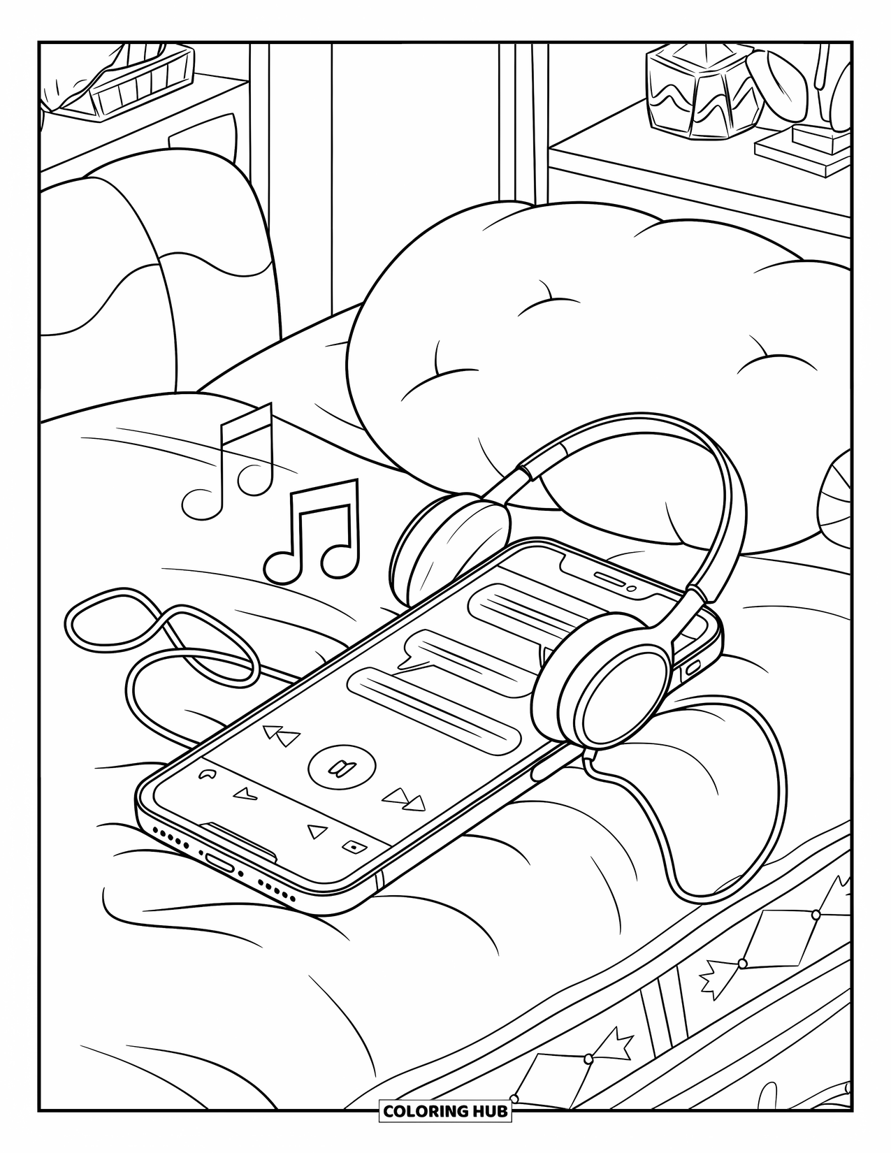 Phone Coloring Page for Kids: A soft room with a phone, headphones, music notes, and an open chat screen