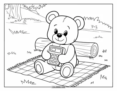 Coloriage de téléphone pour enfants : Un ours en peluche avec un gros téléphone assis sur un tronc herbeux près d'un arbre