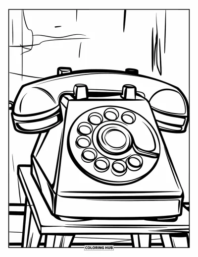 Coloriage de téléphone pour enfants : Un téléphone jouet avec de grands boutons posé sur un support en bois