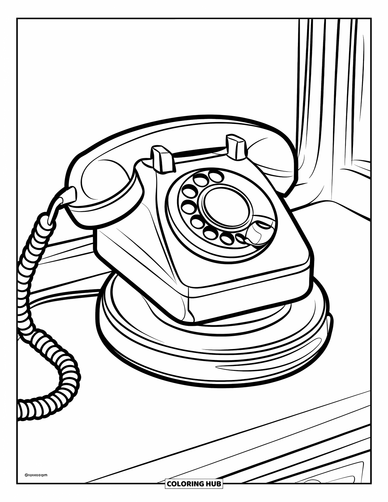 Phone Coloring Page for Kids: A vintage cordless phone with a spiral dock placed on a wooden base