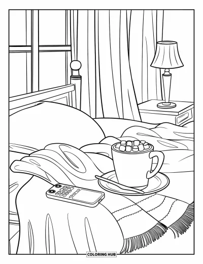 Coloriage de téléphone pour enfants : Une scène de lit douillette en hiver avec du cacao, une écharpe, un téléphone et une vue sur la fenêtre