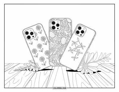 Coloriage de téléphone pour enfants : Trois téléphones avec des coques fleuries, animales et minimalistes posés près de fleurs sur une table