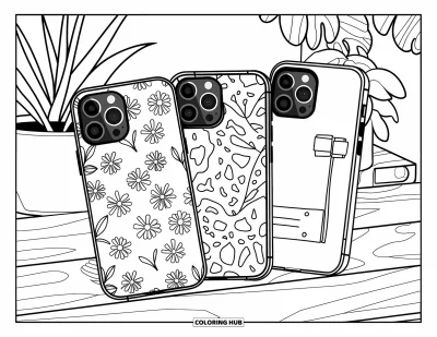 Coloriage de téléphone pour enfants : Trois téléphones élégants avec différentes coques posés près d'une plante en pot et d'un petit décor