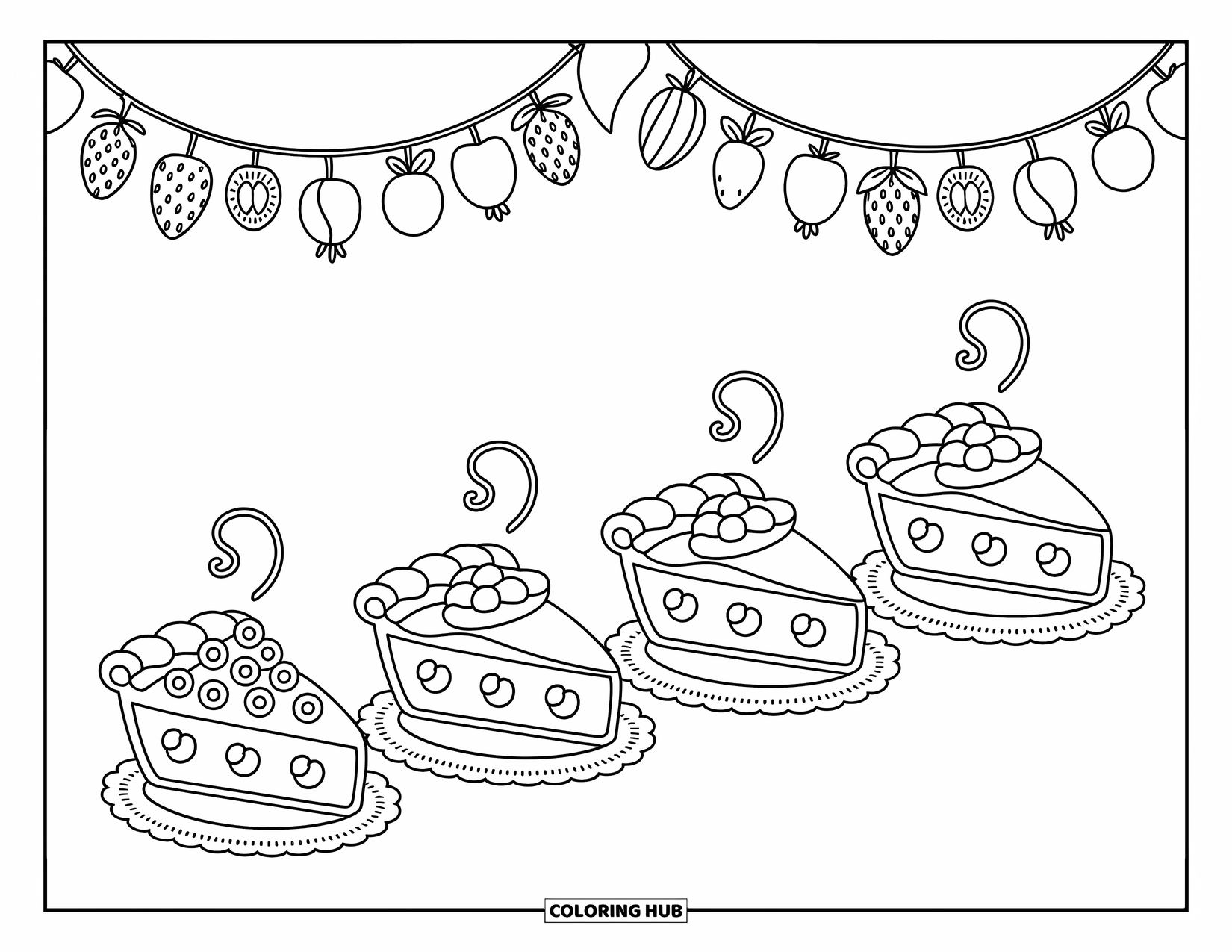 Pie Coloring Page for Adults: Adorable pies with fruity garlands and cozy steam curls rising