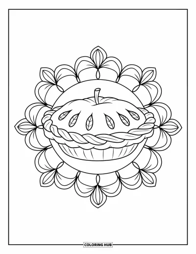 Coloriage de tarte pour adultes : Tarte aux pommes encadrée par un mandala détaillé aux motifs floraux