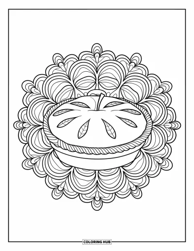 Coloriage de tarte pour adultes : Tarte aux pommes avec une croûte tressée au centre d'un mandala floral