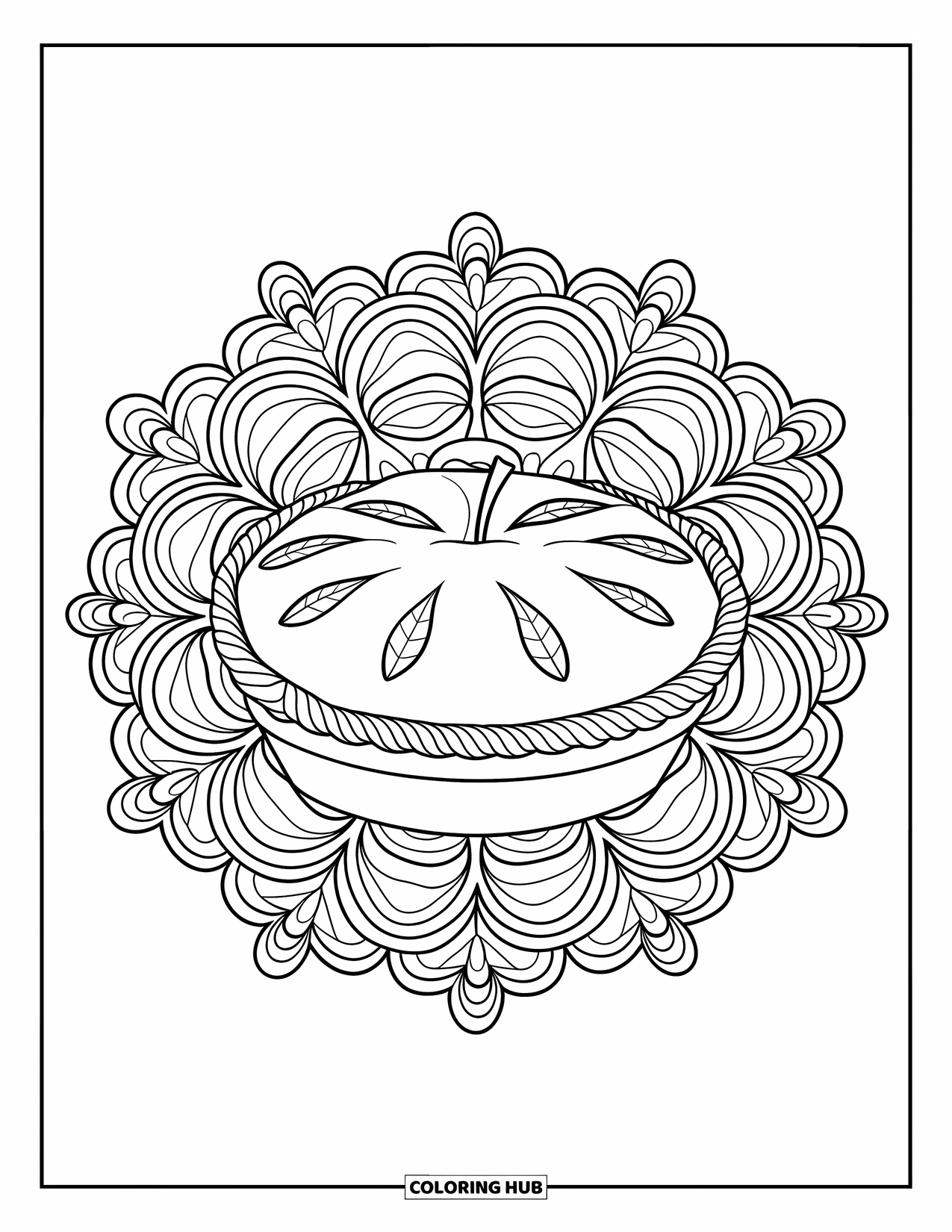 Pie Coloring Page for Adults: Apple pie with braided crust at the center of a floral mandala