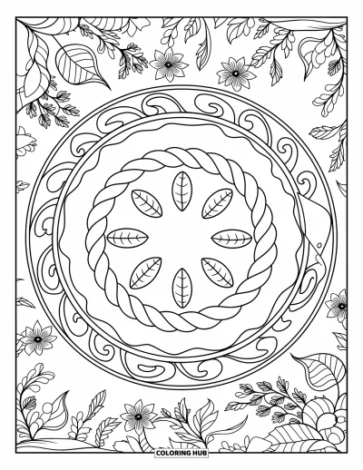 Coloriage de tarte pour adultes : Tarte aux pommes avec des découpes en feuilles et un bord tressé au cœur d'un mandala floral