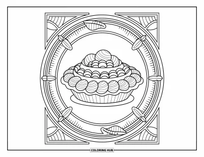Coloriage de tarte pour adultes : Tarte à la crème de banane avec de beaux encadrements de feuilles et des fioritures artistiques