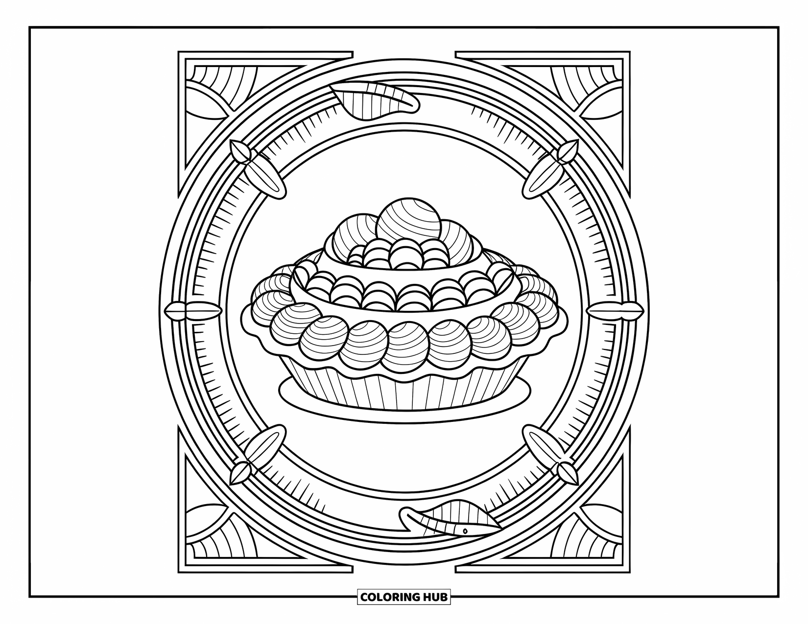 Pie Coloring Page for Adults: Banana cream pie with fancy leaf frames and artistic flourishes