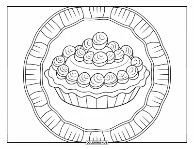 Coloriage de tarte pour adultes : Tarte à la crème de banane avec des volutes de chantilly et des feuilles de bananier encadrant la composition