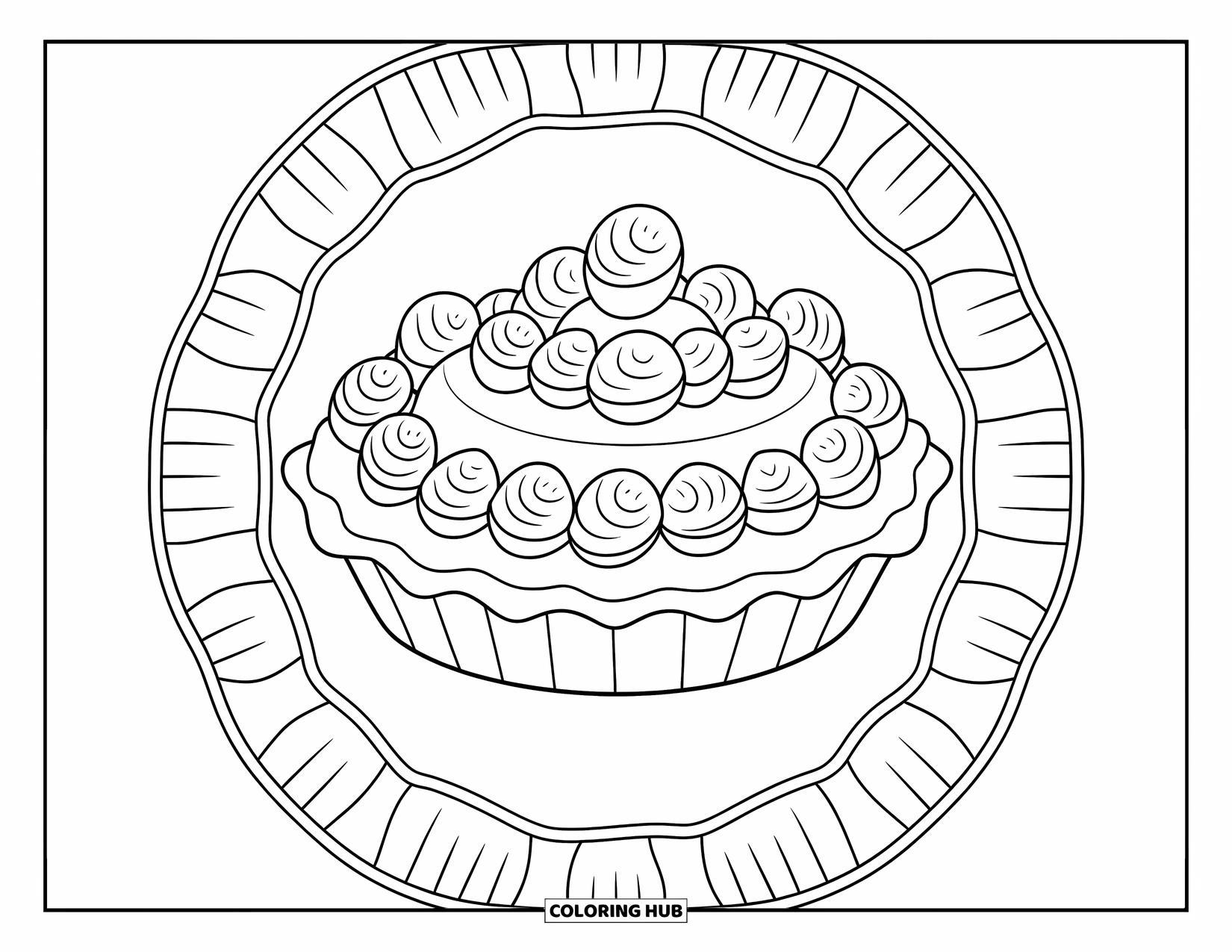 Pie Coloring Page for Adults: Banana cream pie with whipped swirls and banana leaves framing the design
