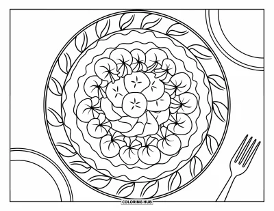 Coloriage de tarte pour adultes : Tarte à la banane sur une assiette avec des motifs de feuilles et une fourchette à côté