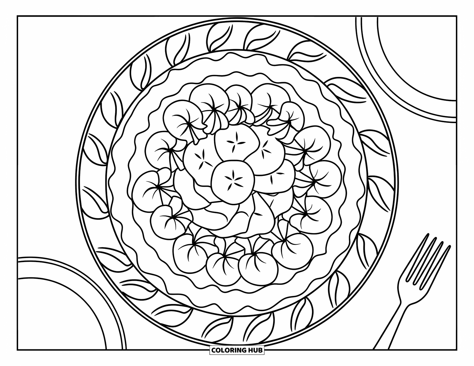 Pie Coloring Page for Adults: Banana pie on a plate with leaf patterns and a fork beside it