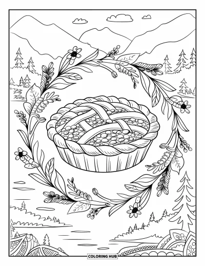 Coloriage de tarte pour adultes : Tarte aux myrtilles encadrée par un mandala floral avec des détails pittoresques