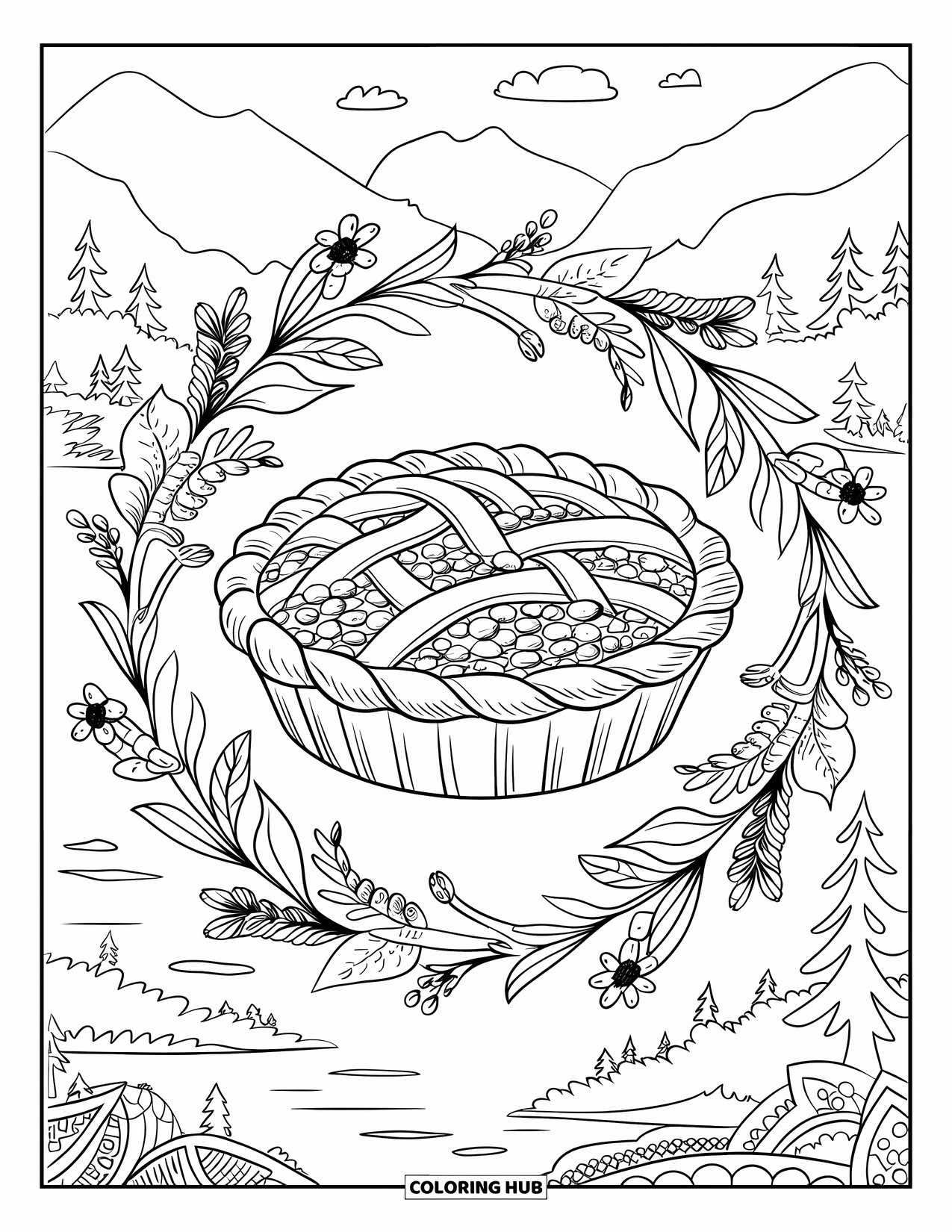 Pie Coloring Page for Adults: Blueberry pie framed by a floral mandala with scenic details