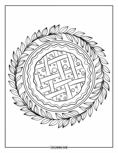 Coloriage de tarte pour adultes : Tarte aux myrtilles dans une couronne de feuilles et un mandala floral