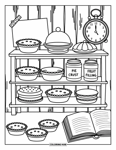 Coloriage de tarte pour adultes : Joli garde-manger avec des moules à tarte, des étiquettes et des détails chaleureux