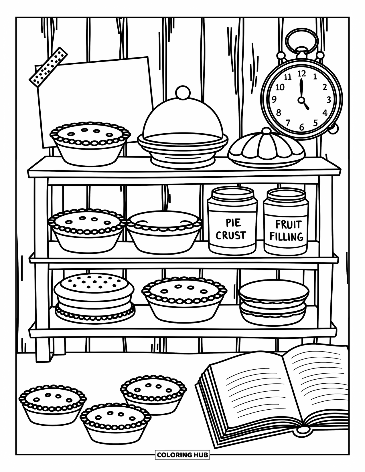 Pie Coloring Page for Adults: Charming pantry shelf with pie tins, labels, and cozy details