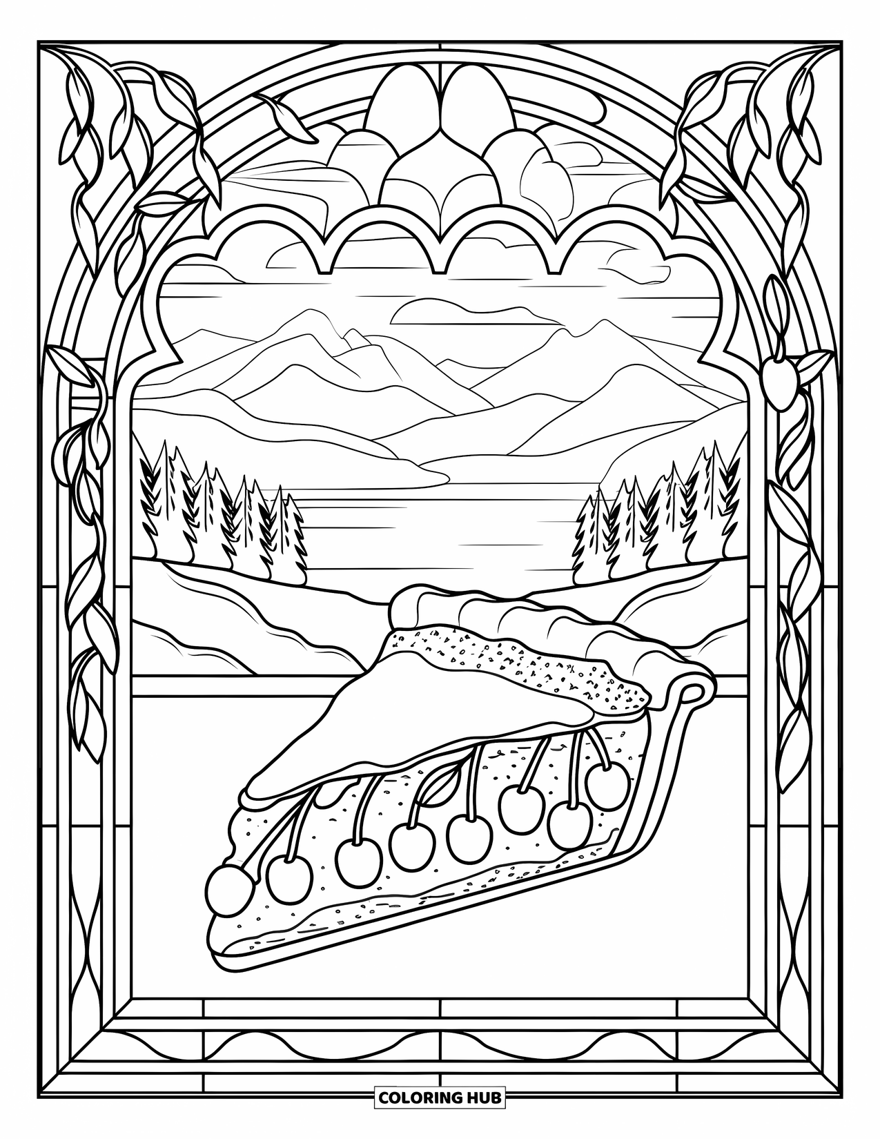 Pie Coloring Page for Adults: Cherry pie slice with stained glass frame and scenic backdrop