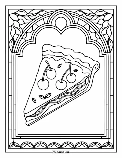 Coloriage de tarte pour adultes : Part de tarte aux cerises avec des entrelacs vitrail et fond épuré