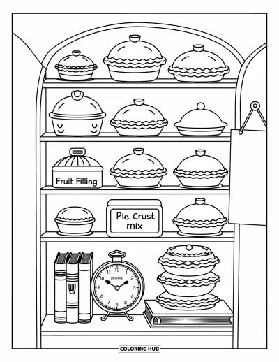 Coloriage de tarte pour adultes : Mignon garde-manger à tarte avec des fiches de recettes, des moules et des doodles chaleureux