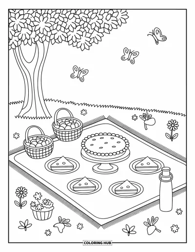 Coloriage de tarte pour adultes : Adorable pique-nique avec une tarte sous un arbre et de petits détails fantaisistes