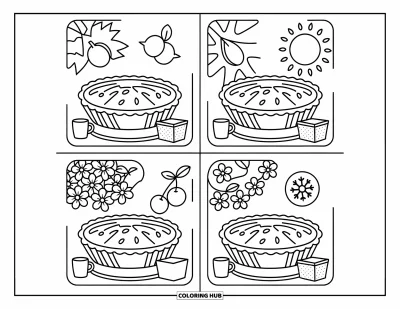 Coloriage de tarte pour adultes : Quatre tartes représentant chaque saison avec des détails saisonniers chaleureux