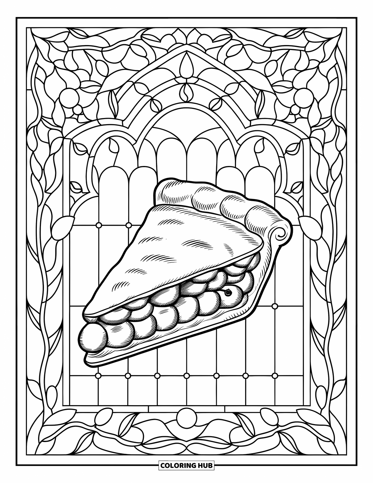 Pie Coloring Page for Adults: Glossy cherry pie slice surrounded by stained glass and vines