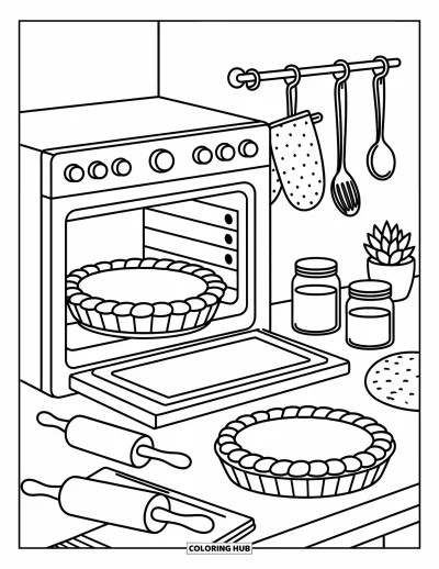 Coloriage de tarte pour adultes : Four avec une tarte dedans entouré de pots de farine, de mitaines et de rouleaux à pâtisserie