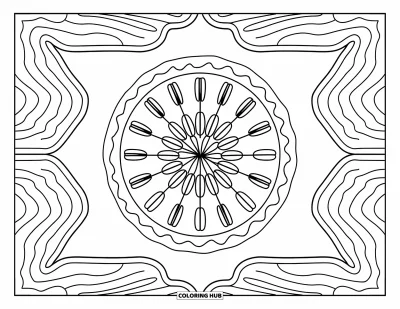 Coloriage de tarte pour adultes : Tarte aux noix de pécan dans un cadre aux motifs symétriques inspirés du bois