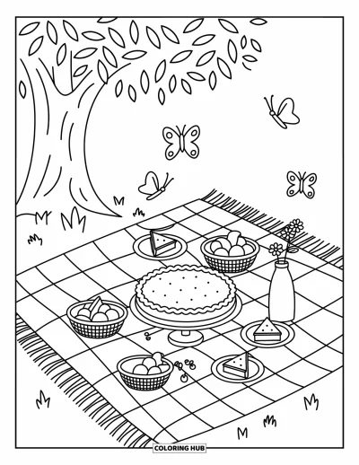 Coloriage de tarte pour adultes : Pique-nique sous un arbre avec une tarte, des paniers de fruits et des papillons
