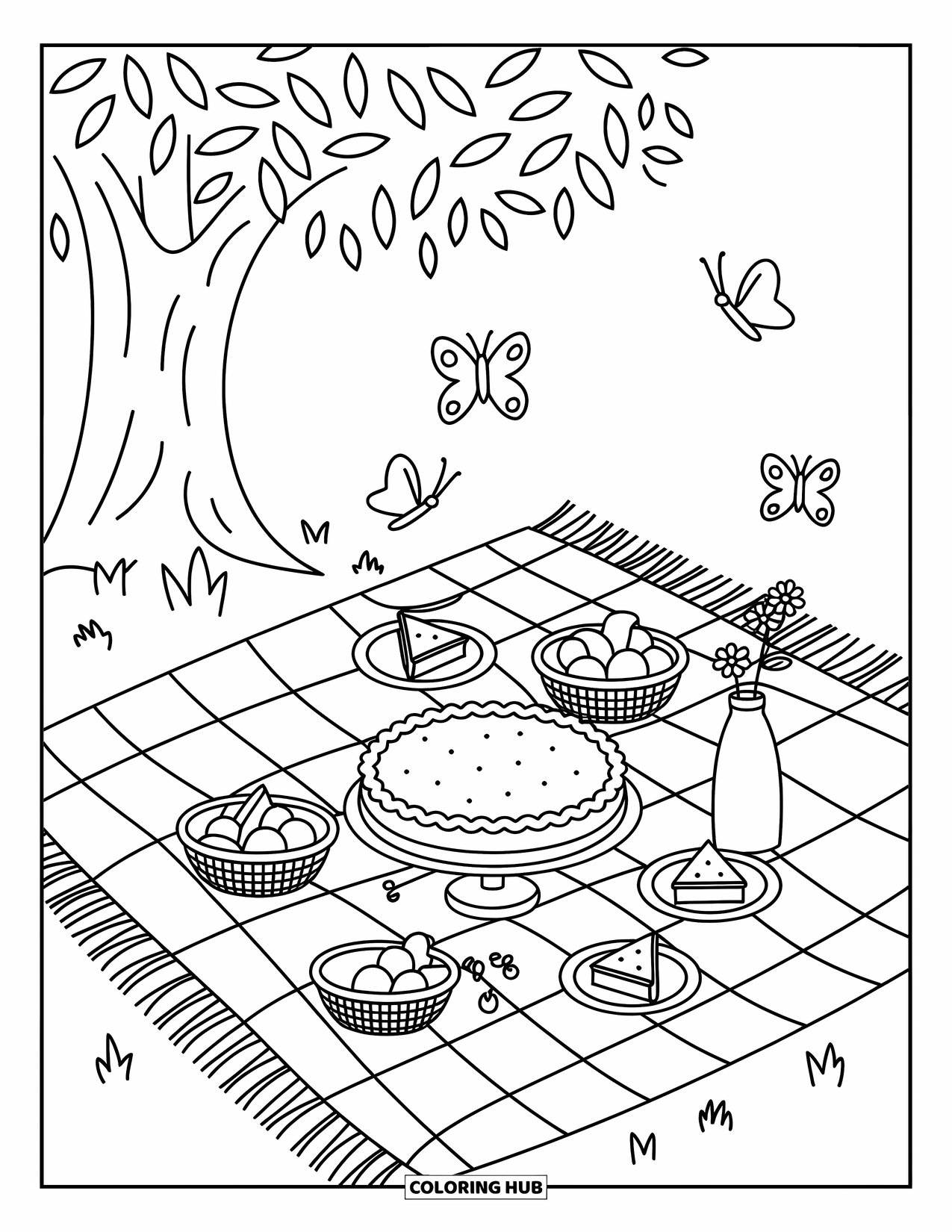Pie Coloring Page for Adults: Picnic under a tree with pie, fruit baskets, and butterflies