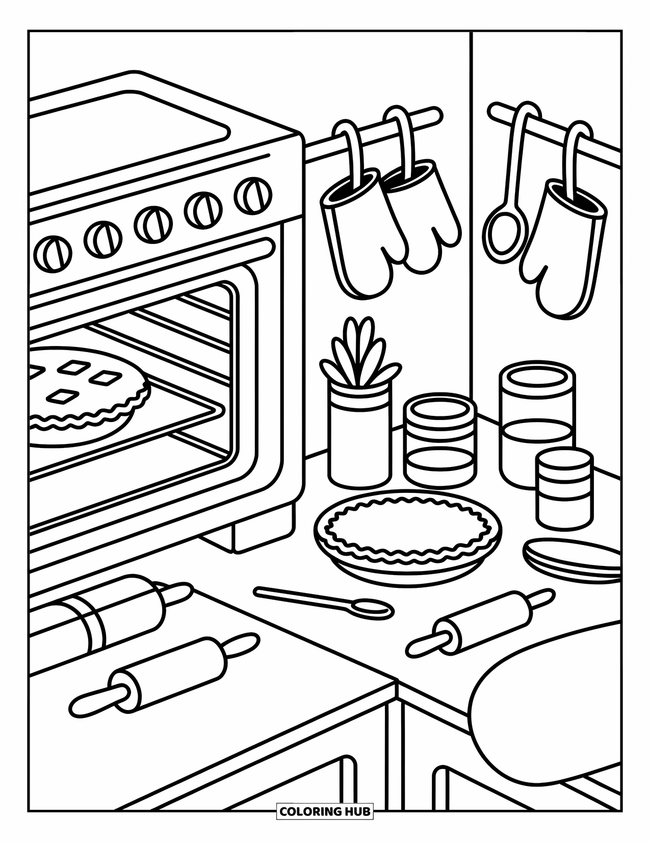 Pie Coloring Page for Adults: Pie baking in oven with cozy kitchen tools and kawaii touches