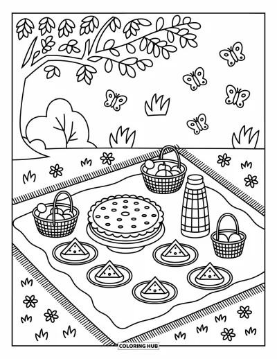 Coloriage de tarte pour adultes : Scène de pique-nique avec une tarte, un thermos à carreaux et des papillons virevoltants