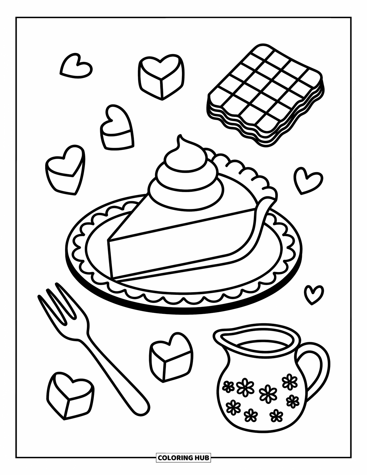 Pie Coloring Page for Adults: Pie slice on a cute plate with cozy sugar cubes and fork