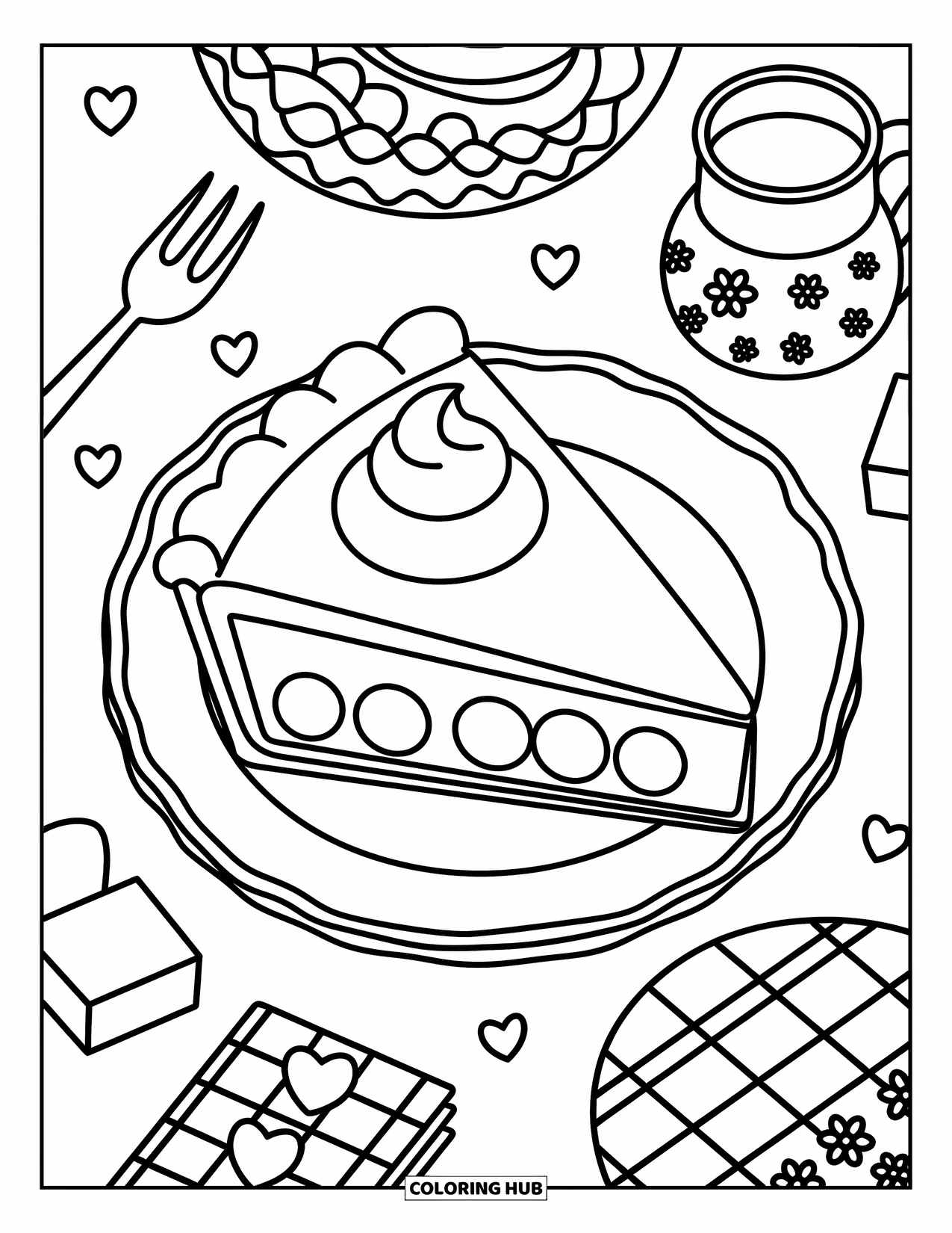 Pie Coloring Page for Adults: Pie slice with whipped cream and tiny fork on a scalloped plate