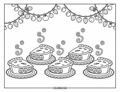 Coloriage de tarte pour adultes : Parts de tarte sous des guirlandes festives avec de la vapeur et des garnitures gourmandes