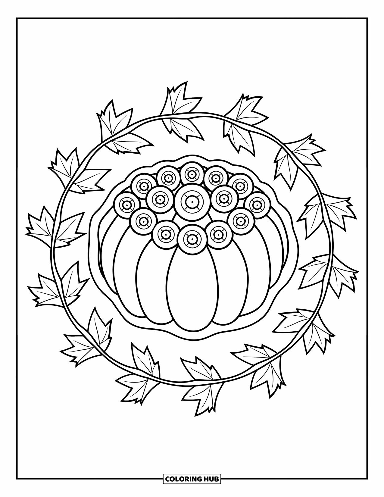 Pie Coloring Page for Adults: Pumpkin pie circled by ornate fall leaf patterns