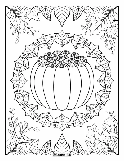 Coloriage de tarte pour adultes : Tarte à la citrouille avec un encadrement de feuilles et un fond travaillé