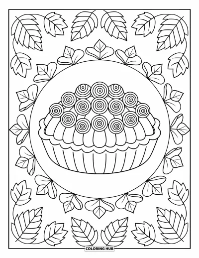 Coloriage de tarte pour adultes : Tarte à la citrouille avec une bordure de feuilles et des rosettes de crème tourbillonnées