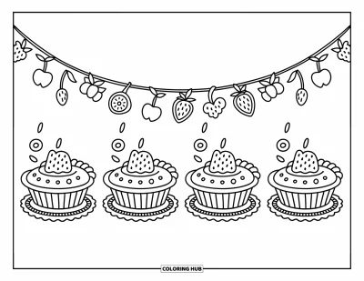 Coloriage de tarte pour adultes : Rangée de mignons parts de tarte sur des napperons avec des guirlandes de fruits au-dessus