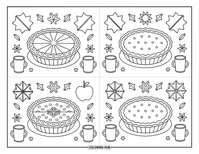 Coloriage de tarte pour adultes : Tartes de saison dans une composition en quatre cases avec des détails chaleureux