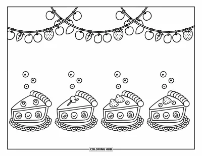 Coloriage de tarte pour adultes : Douces tartes sur des napperons avec des fruits et des guirlandes de pâtisserie au-dessus