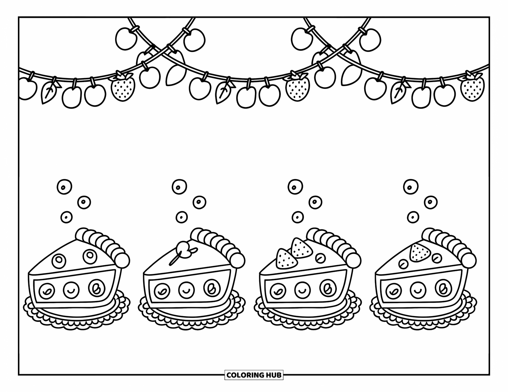Pie Coloring Page for Adults: Sweet pies on doilies with fruit and baking garlands overhead