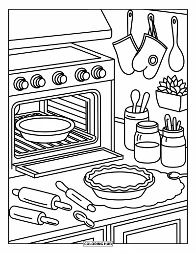 Coloriage de tarte pour adultes : Cuisine bien rangée avec une tarte au four et de charmants détails dessinés à la main