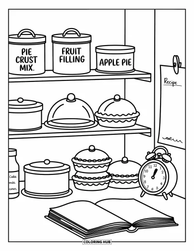Coloriage de tarte pour adultes : Petit garde-manger avec des moules à tarte, un livre de recettes et des cloches à gâteau