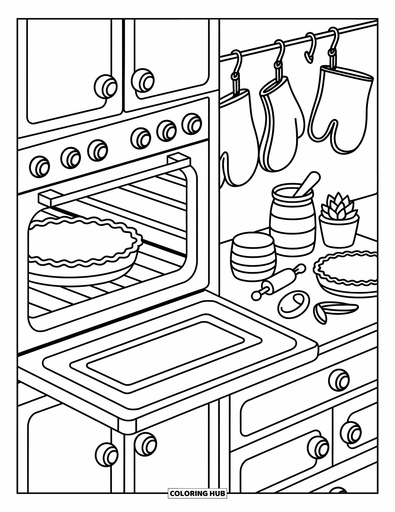 Pie Coloring Page for Adults: Warm kitchen scene with baking pie and tiny cozy elements