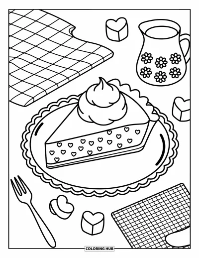 Coloriage de tarte pour adultes : Part de tarte à la crème fouettée avec des détails adorables et un style doodle tout en douceur