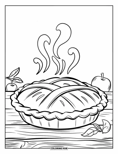 Coloriage de tarte pour enfants : Tarte aux pommes avec des volutes de vapeur, des pommes et des feuilles autour